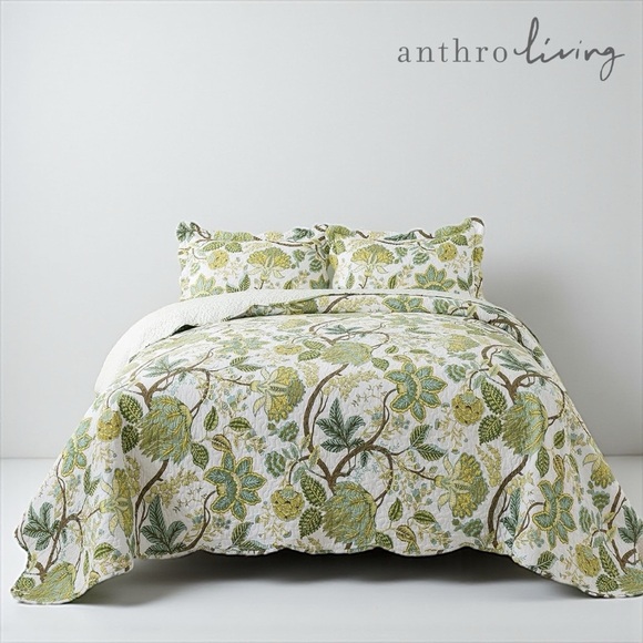 NEW Anthro Green Floral Queen King Boho Quilt Bedding Bedspread Duvet & Sham Set - Picture 1 of 6
